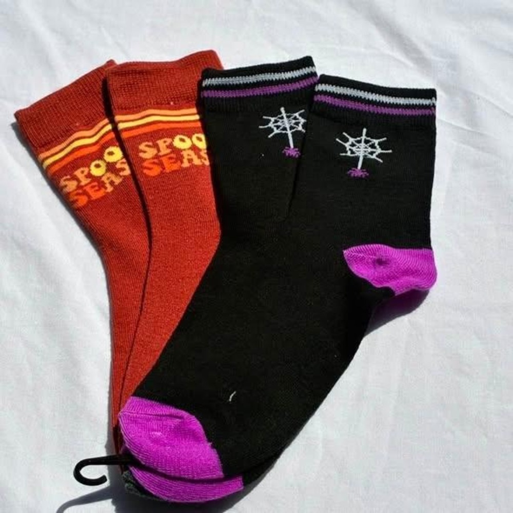 Halloween Crew Socks Black Orange Women One Size Spooky‎ Season Set of 2